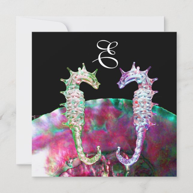 SEEPFERDE BEACH WEDD MONOGRAM, rosa blaues Schwarz Einladung (Vorderseite)