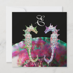 SEEPFERDE BEACH WEDD MONOGRAM, rosa blaues Schwarz Einladung