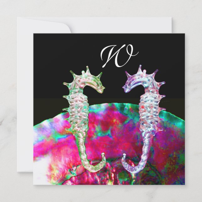 SEEPFERDE BEACH WEDD MONOGRAM, rosa blaues Schwarz Einladung (Vorderseite)