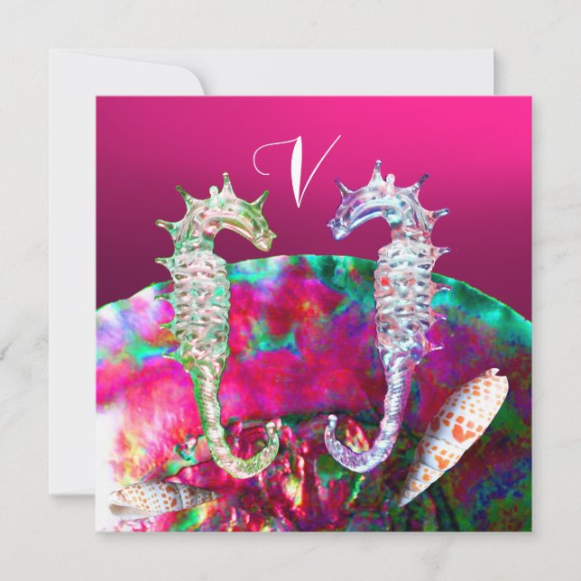 SEEPFERDE BEACH WEDD MONOGRAM, rosa schwarz Einladung (Vorderseite)