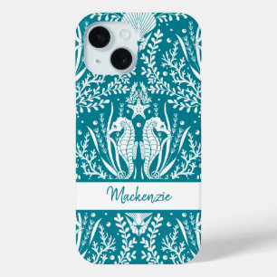 Seepferde Damask Aquamarin Blue White Personalisie Case-Mate iPhone Hülle