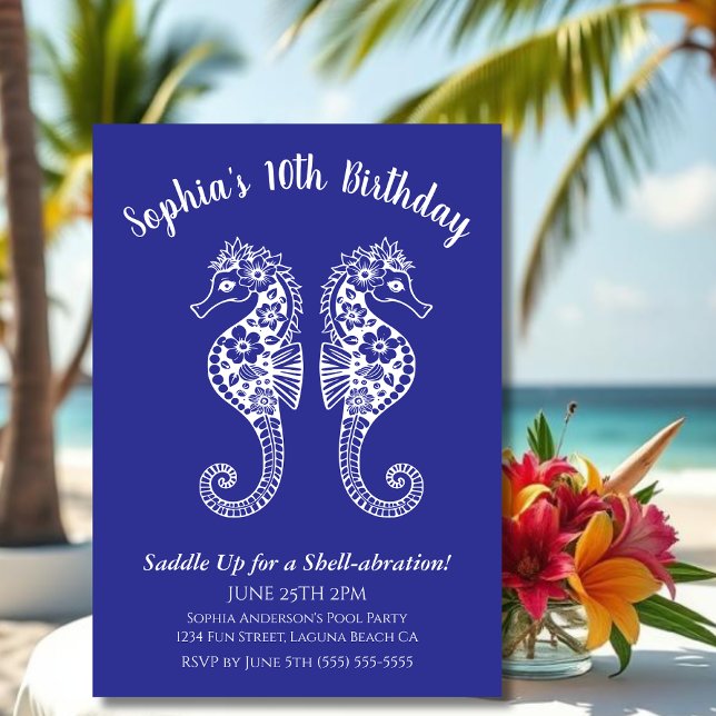Seepferde-Geburtstagsparty Einladung (Sea Horses-Fisherman Core-Hawaiian-Tropical-Birthday party invitations-Deep Blue)