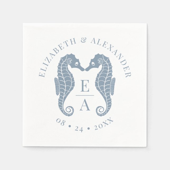 Seepferde Monogram Beach Wedding Dusty Blue Serviette (Vorderseite)