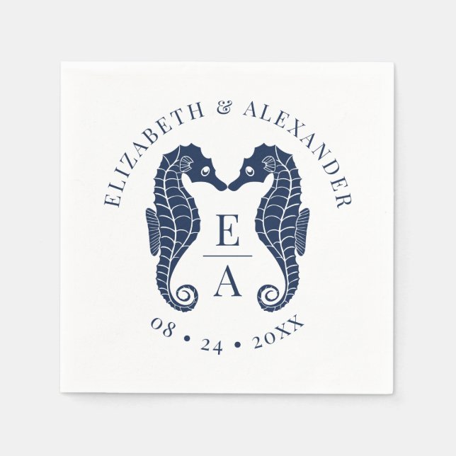 Seepferde Monogram Beach Wedding Navy Blue Serviette (Vorderseite)