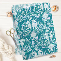 Seepferde Ocean Sea Life Damask Muster Aquamarin B