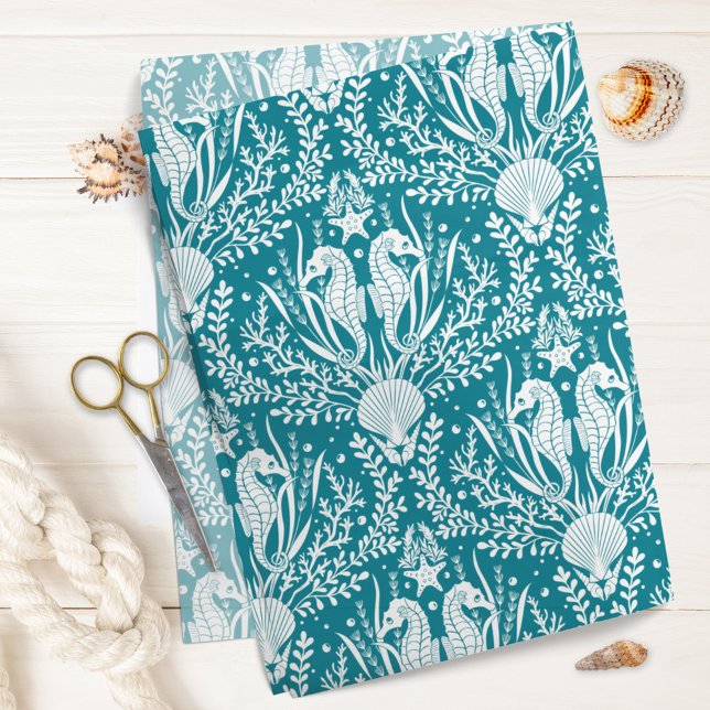 Seepferde Ocean Sea Life Damask Muster Aquamarin B Seidenpapier (Von Creator hochgeladen)