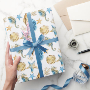 Seepferde und Muscheln auf Weiß Geschenkpapier
