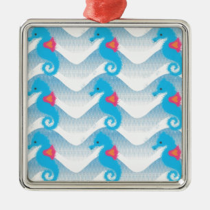 Seepferde und Muster in Blauer Welle Silbernes Ornament