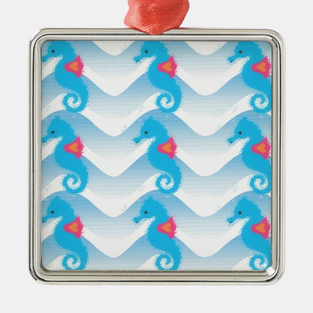 Seepferde und Muster in Blauer Welle Silbernes Ornament (Vorne)