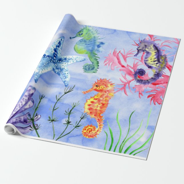 Seepferde und Starfish mit Korallenmuster Geschenkpapier (Ungerollt)