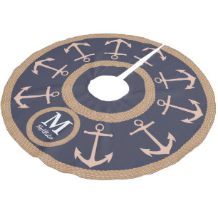 Seepfirsich-Anker auf Marine-Blau - Familienname Polyester Weihnachtsbaumdecke