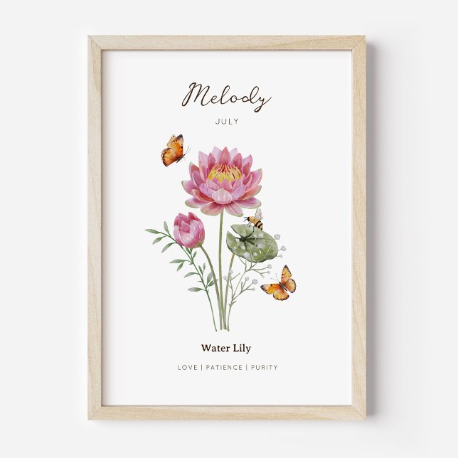 Seerosen-Geburtsmonats-Blumenposter Poster (Example of water lily birth flower poster once framed. )