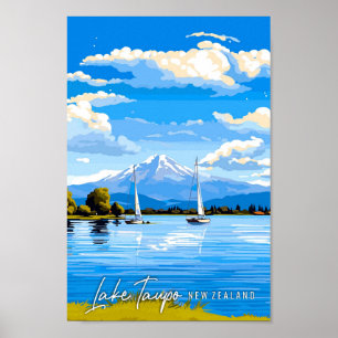 Sees Taupo Neuseeland Vintage Illustration Poster