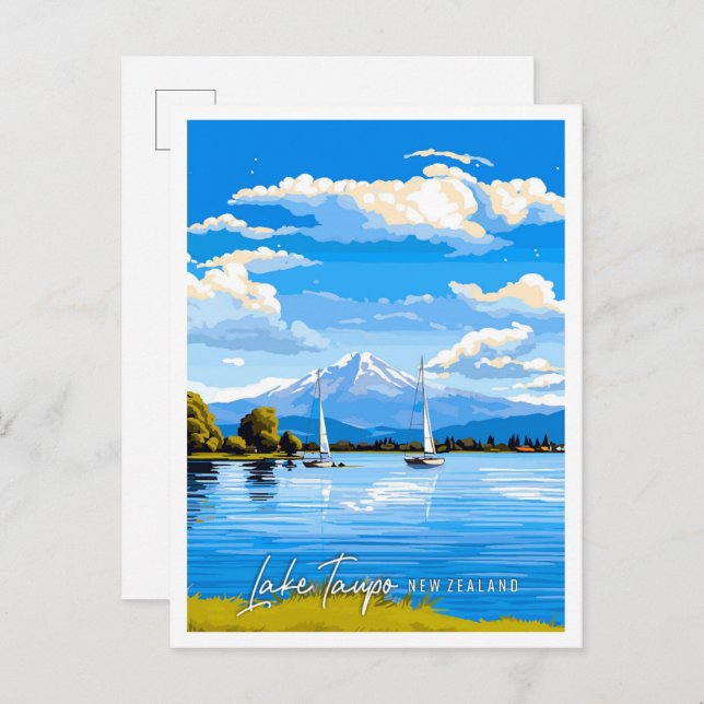 Sees Taupo Neuseeland Vintage Illustration Postkarte (Vorne/Hinten)