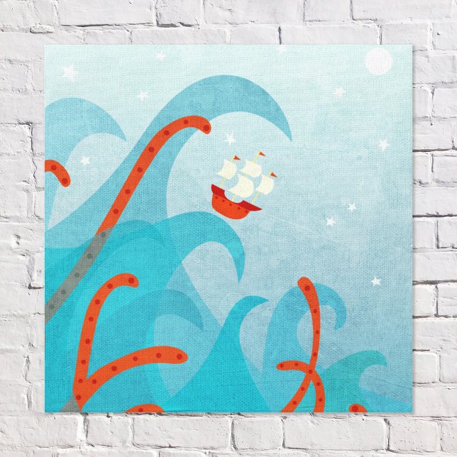 Seeschifffahrts-Seeungeheuer Leinwanddruck (Sailing Boat and Sea Monster fun wall art)