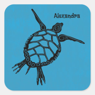 Seeschildkröte Holzschnitt Quadratischer Aufkleber