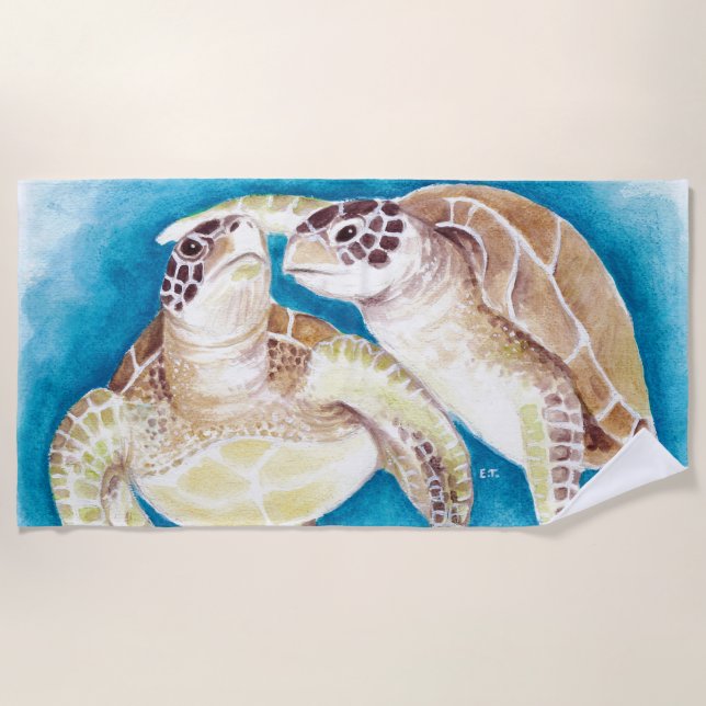 Seeschildkrötenaquamarine Watercolor-Kunst Strandtuch (Vorderseite)