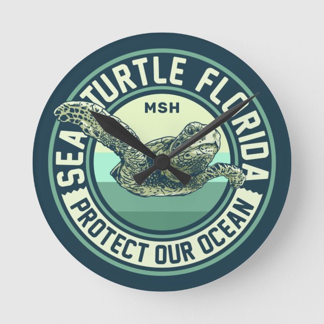 Seeschildkrötenschutz-Custom Monogram Runde Wanduhr (Vorderseite)