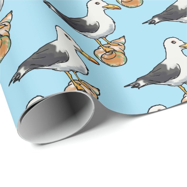 Seeseemöwe auf einem Seashellmuster Geschenkpapier (Rolleneckpunkt)