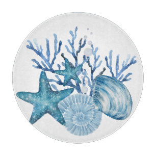 Seestern Koralle Blau Aquarell Strand Kunst Schneidebrett