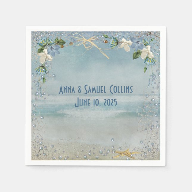 Seestern mit Netzrahmen und Blume am Strand Serviette (Vorderseite)