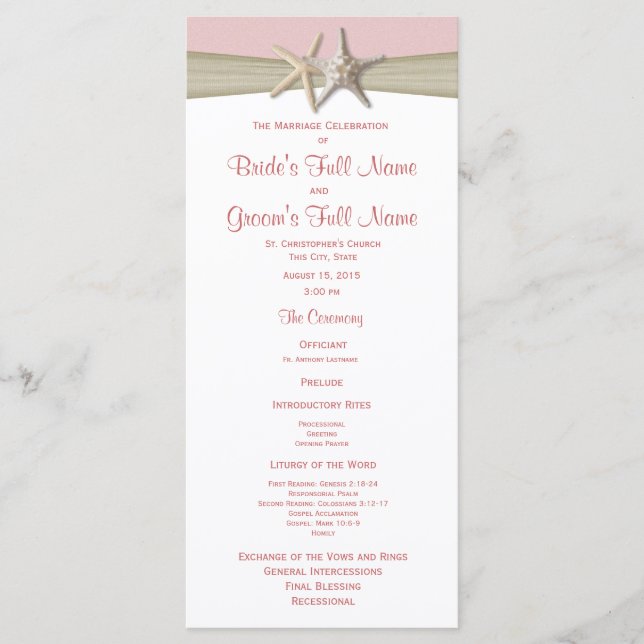 Seestern und Jute Rosa Strand-Hochzeitsprogramm Programm (Vorderseite)