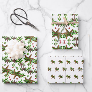 Seestern und Stechpalme Tropicales Weihnachtsmuste Geschenkpapier Set