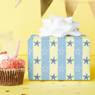 Seesterne Blau und Buttergelbe Streifen Nahtlos Geschenkpapier