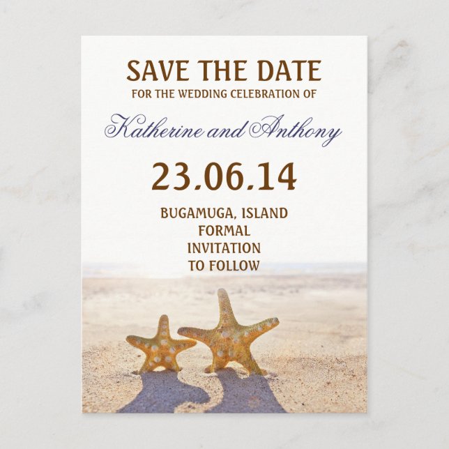 Seesterne Save the Date romantisch Ankündigungspostkarte (Vorderseite)