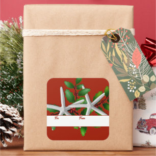 Seesterne und Holly Rot Weihnachtsgeschenk-Aufkleb Quadratischer Aufkleber