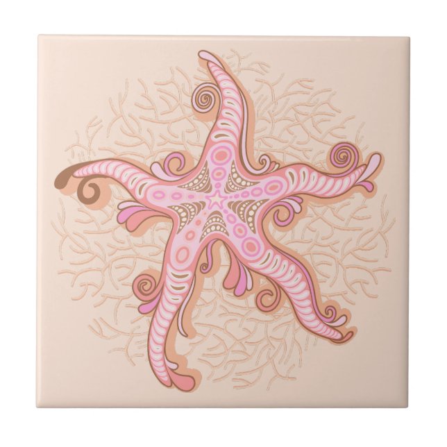 Seesterne und Korallen Rosa Pastellmuster Fliese (Vorderseite)