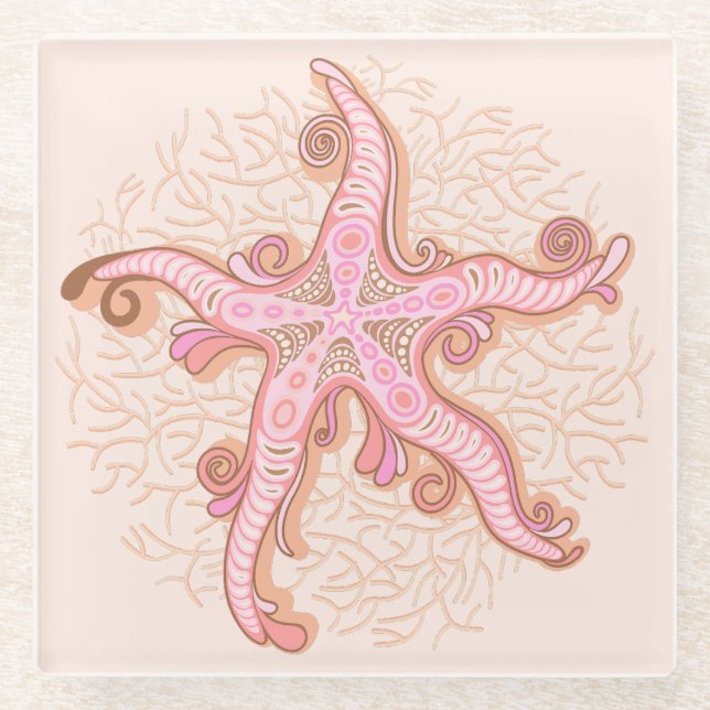 Seesterne und Korallen Rosa Pastellmuster Glasuntersetzer (Vorderseite)