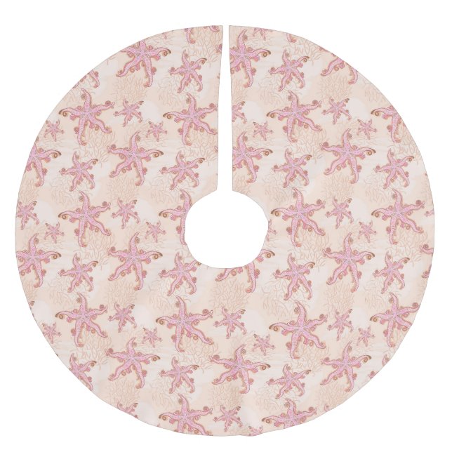 Seesterne und Korallen-Rosa-Pastellmuster Polyester Weihnachtsbaumdecke (Vorderseite)