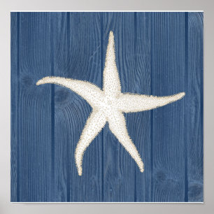 Seesterne Vintage Blau Holz Strand Poster