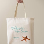 Seesternmutter am Strand Mutter der Braut Tragetasche<br><div class="desc">Starfish Mutter der Braut Meer / Strand / Hochzeit in Urlaubsort tote Tasche mit aqua blau Kalligraphie Skript und bearbeitbaren Text. Personalisieren Sie es mit dem Namen ihrer Mutter.</div>