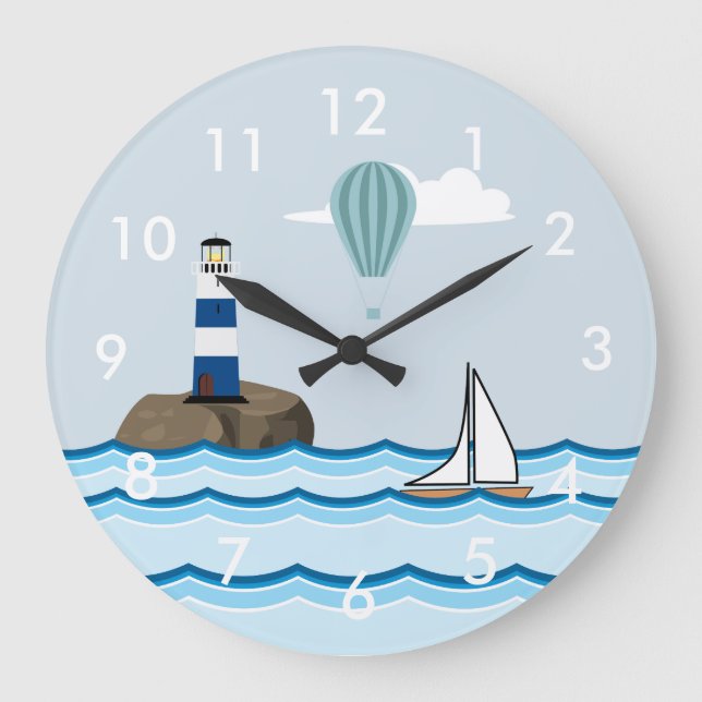 Seeszene mit Leuchtturm und Segelboot Große Wanduhr (Vorderseite)