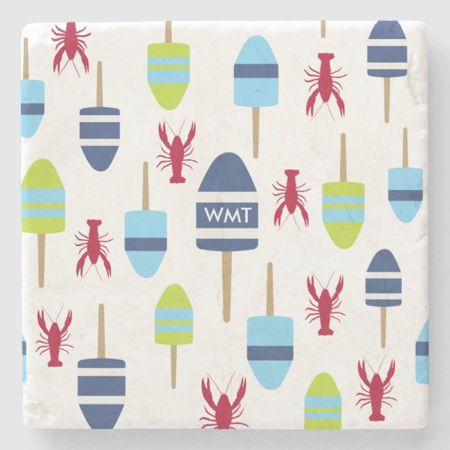 Seethemaboje und -hummer mit Monogramm Steinuntersetzer (Vorderseite)