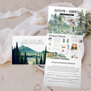 Seeufer-Berg-Camping   Illustrierte Hochzeit Dreifach Gefaltete Einladung