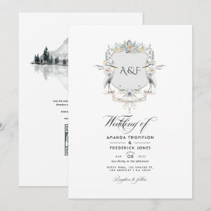 Seeufer-Monogramm-Lorbeerkranz-Hochzeit Einladung