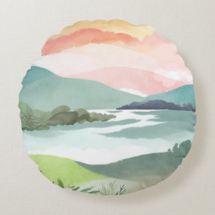 Seeufer Sonnenaufgang am Morgen Aquarell Natur Rundes Kissen