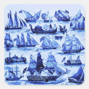 SEEVERKEHR,VINTAGE SCHIFFE,SEGELSCHIFFE,Navy Blue Quadratischer Aufkleber