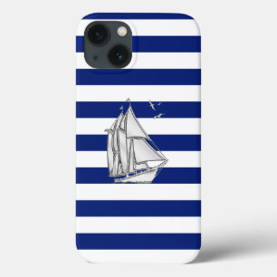 Segel-Boot mit nautischem Chrome auf Navy Stripes iPhone 13 Hülle