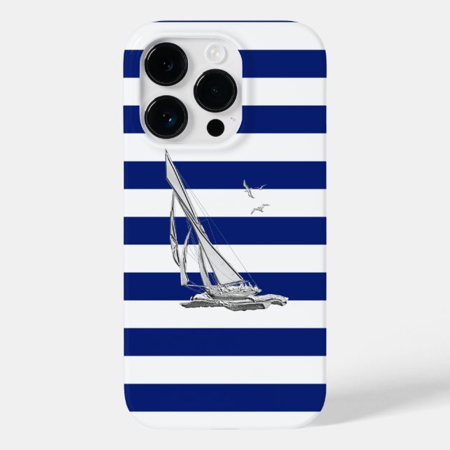 Segel-Boot mit nautischem Chrome auf Navy Stripes  Case-Mate iPhone Hülle (Rückseite)