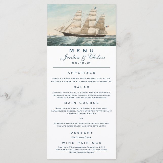 Segel-Clipper-Schiff | Hochzeitsmenü Menükarte (Vorderseite)