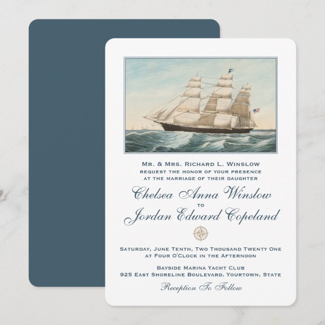 Segel-Clipper-Schiff | Klassische Hochzeit Einladung (Vorne/Hinten)