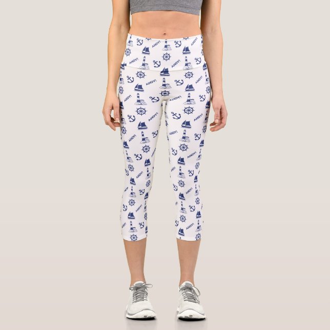 Segel Illustration Muster Navy Blue+White Capri Leggings (Vorderseite)