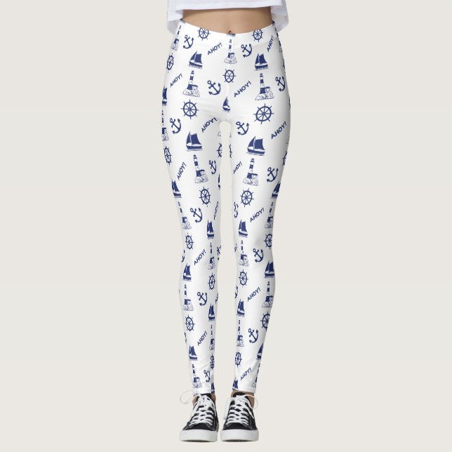 Segel Illustration Muster Navy Blue+White Leggings (Vorderseite)