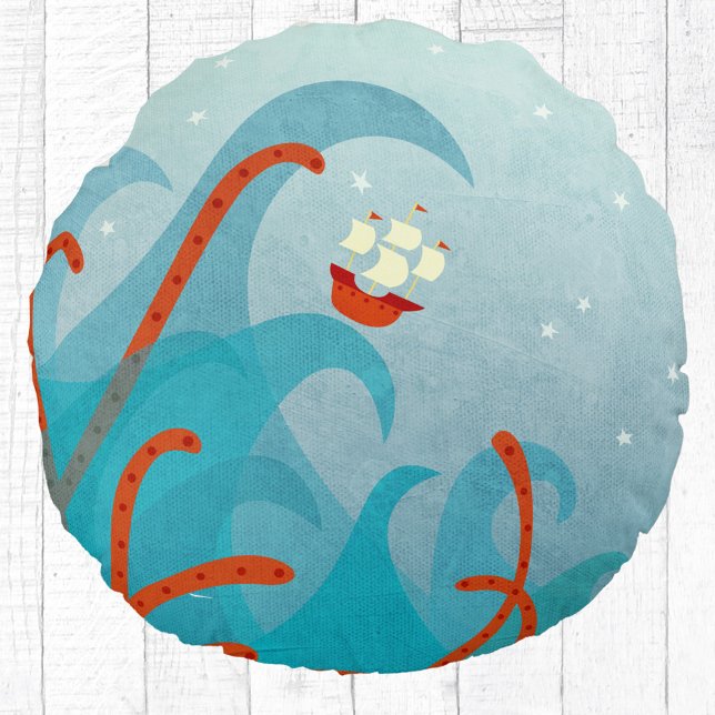 Segel-Monster-Spaß Rundes Kissen (Sailing boat and sea monster fun adventure pillow)