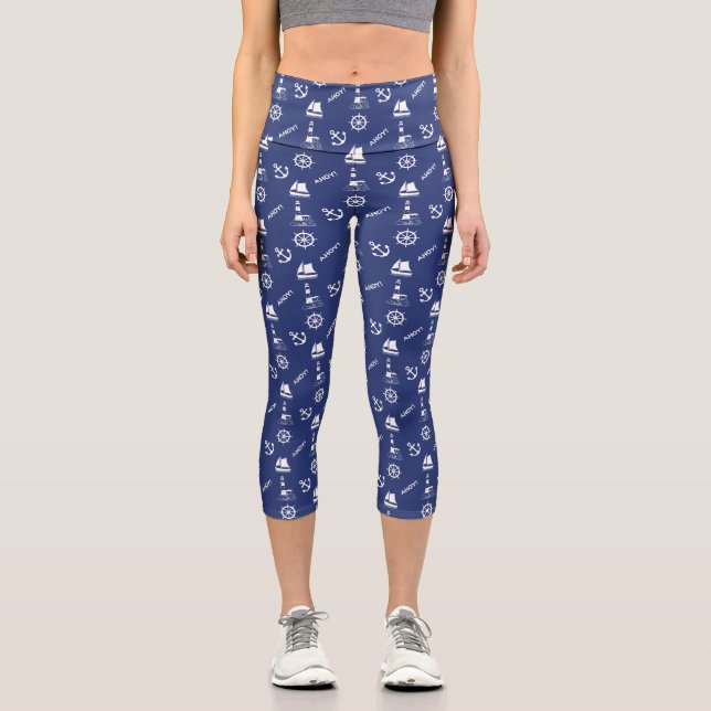 Segel Muster Weiß auf Navy Blue Capri Leggings (Vorderseite)