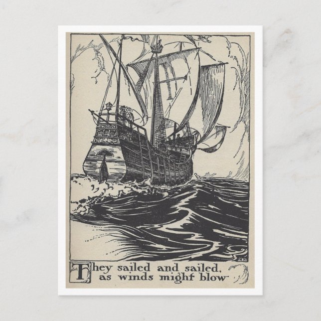 Segel Pirate Ship Vintag Book Illustration Postkarte (Vorderseite)